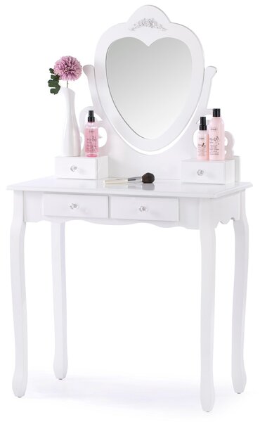 Klasyczna toaletka z ruchomym lustrem w kształcie serca i taboretem Biała z połyskiem Premium MILIAN