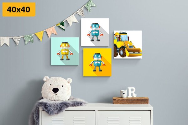 Zestaw obrazów roboty z żółtym samochodem