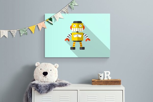 Obraz żółty robot na niebieskim tle