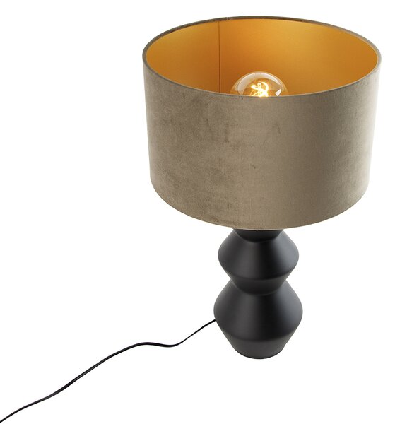 Designerska lampa stołowa z czarnym abażurem z aksamitu w kolorze taupe ze złotem 35 cm - Alisia
