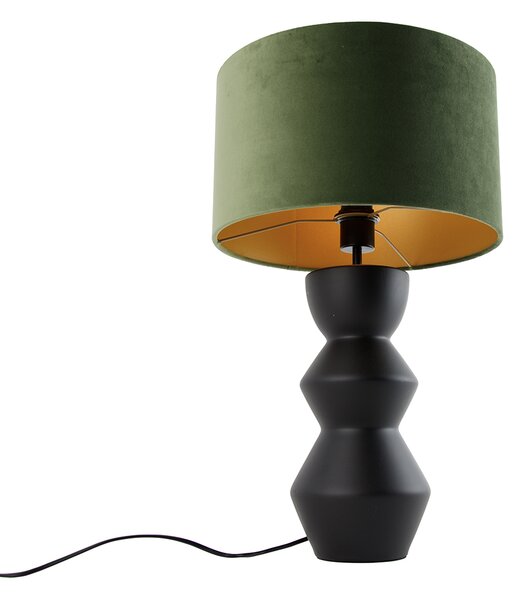 Designerska lampa stołowa czarna z abażurem z czarnego weluru w kolorze zielonym ze złotem 35 cm - Alisia