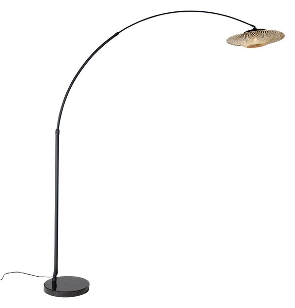 Nowoczesna lampa łukowa czarna z orientalnym abażurem i bambusowym kloszem 50 cm - XXL Rina