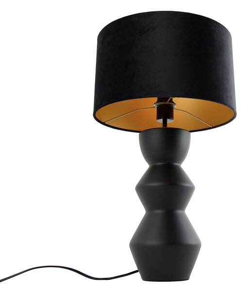 Designerska lampa stołowa czarna z abażurem z weluru czarnego ze złotem 35 cm - Alisia