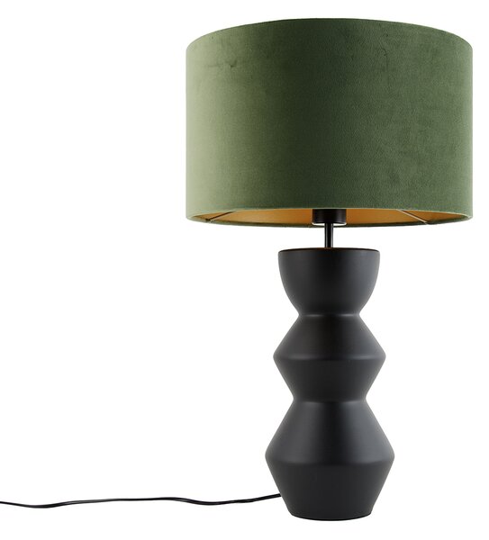 Designerska lampa stołowa czarna z abażurem z czarnego weluru w kolorze zielonym ze złotem 35 cm - Alisia