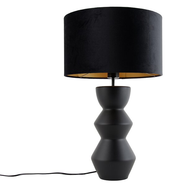 Designerska lampa stołowa czarna z abażurem z weluru czarnego ze złotem 35 cm - Alisia