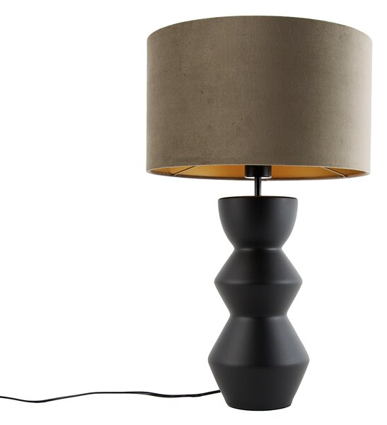 Designerska lampa stołowa z czarnym abażurem z aksamitu w kolorze taupe ze złotem 35 cm - Alisia
