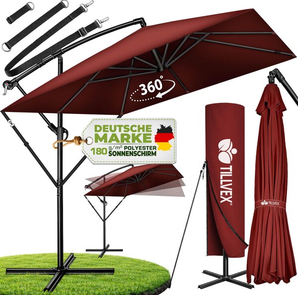 Tillvex® Parasol Aluminiowy Prostoktny Ø 330 cm Czerwony + pokrowiec z korbk | Kwadratowy parasol wspornikowy ze stojakiem i wiatrochronem | Parasol ogrodowy Ochrona UV aluminium | Parasol z korbk Wodoodporny Obracany o 360