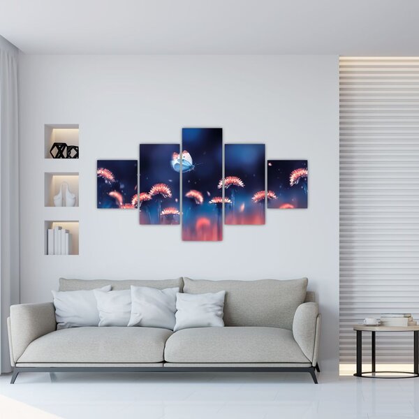 Obraz dmuchawca z niebieskim motylem (125x70 cm)
