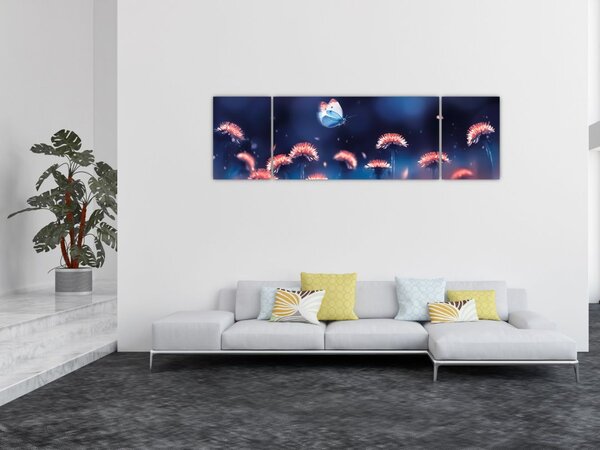 Obraz dmuchawca z niebieskim motylem (170x50 cm)