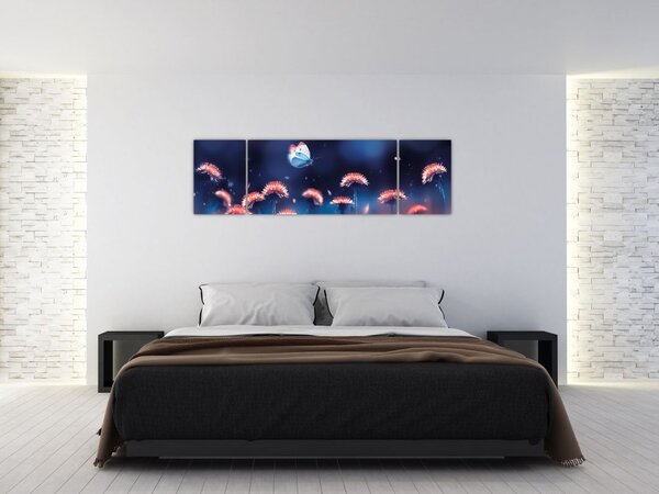 Obraz dmuchawca z niebieskim motylem (170x50 cm)