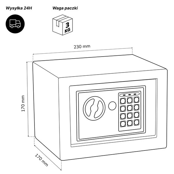 Mini sejf domowy elektroniczny na kod, na pieniądze i biżuterię, 230x170x170 mm: HECTOR