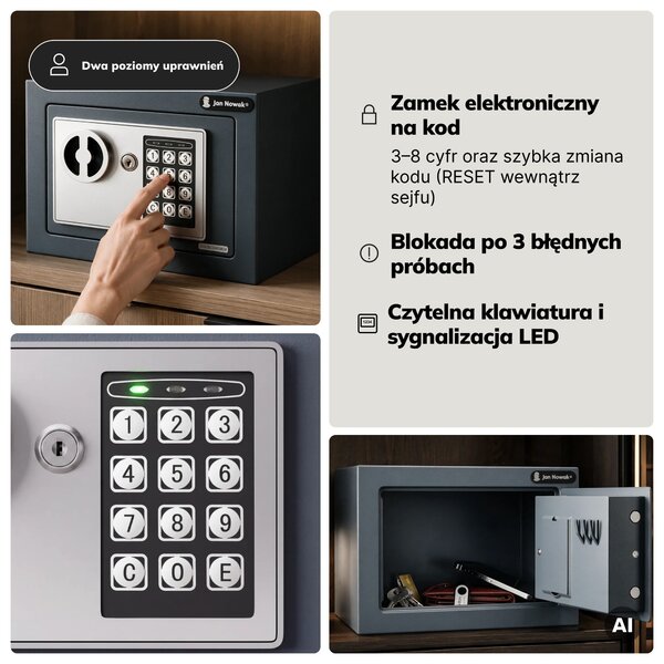 Mini sejf domowy elektroniczny na kod, na pieniądze i biżuterię, 230x170x170 mm: HECTOR