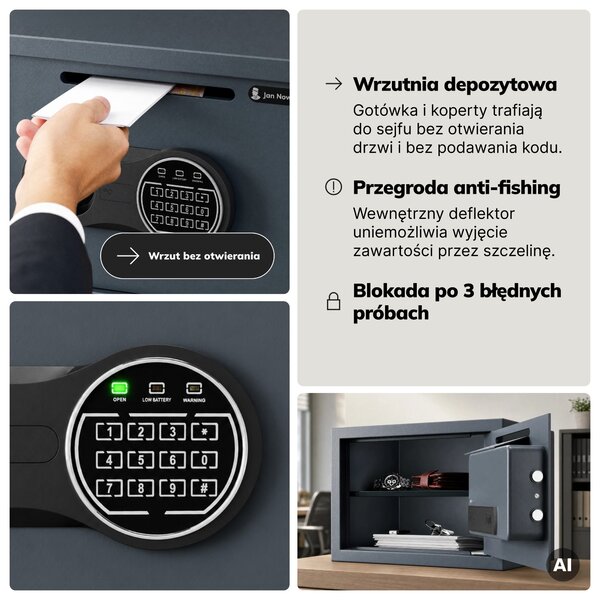 Mały sejf wrzutowy na kod, elektroniczny, na utarg i koperty, 350x250x250 mm: PIERCE