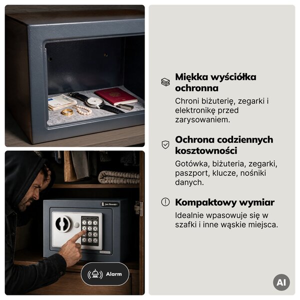 Mini sejf domowy elektroniczny na kod, na pieniądze i biżuterię, 230x170x170 mm: HECTOR