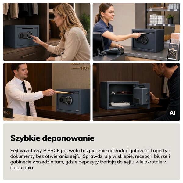 Mały sejf wrzutowy na kod, elektroniczny, na utarg i koperty, 350x250x250 mm: PIERCE