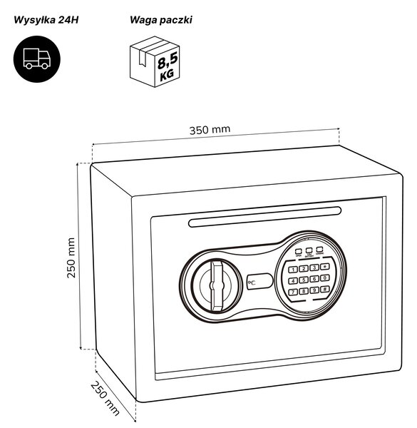 Mały sejf wrzutowy na kod, elektroniczny, na utarg i koperty, 350x250x250 mm: PIERCE