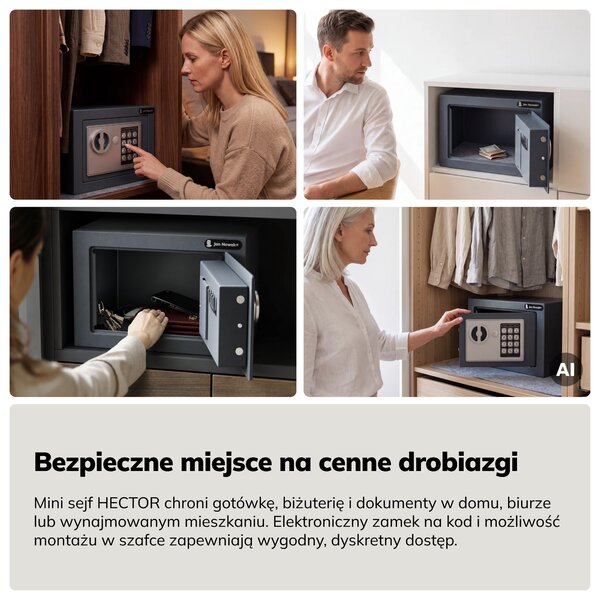 Mini sejf domowy elektroniczny na kod, na pieniądze i biżuterię, 230x170x170 mm: HECTOR