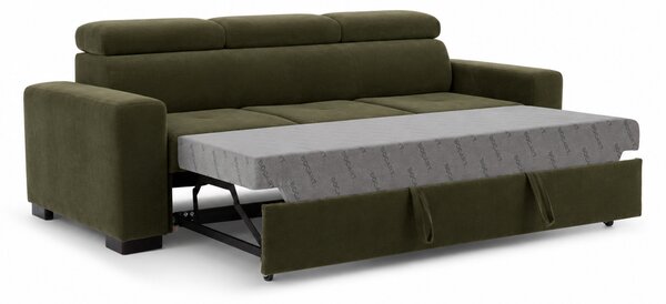 Sofa trzyosobowa Modeno z funkcją spania - oliwkowy welur hydrofobowy Monolith 38 - Wyprzedaż ekspozycji