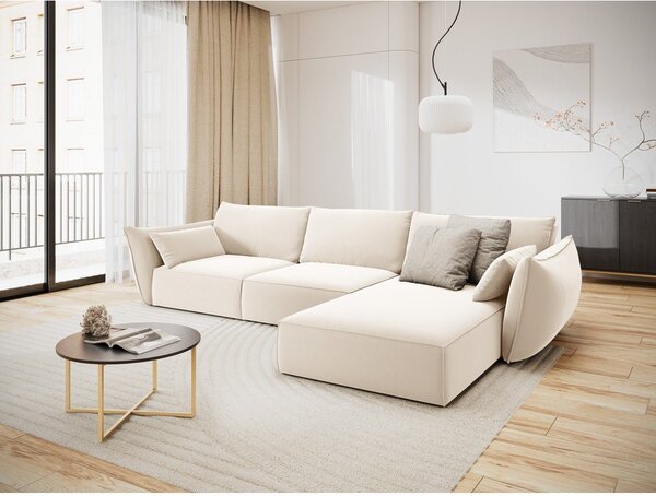 Beżowy aksamitny narożnik (prawostronny/z szezlongiem) Vanda – Mazzini Sofas