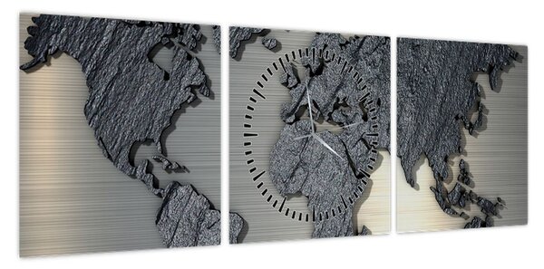 Obraz - Mapa świata w kamiennej teksturze (z zegarem) (90x30 cm)