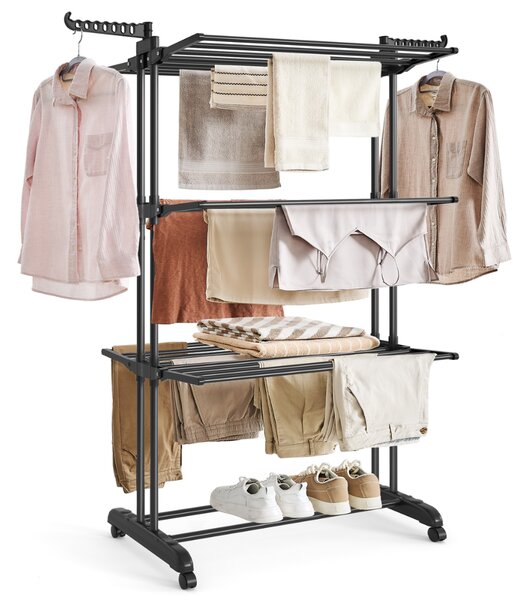 Suszarka na pranie ELTON z 4 poziomami na kółkach, 63,5x128x173cm, czarna SongmicsHome