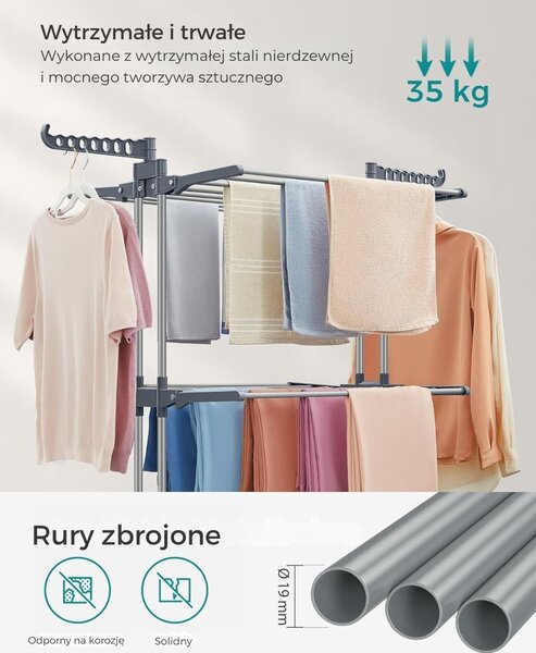 Suszarka na pranie ELTON z 4 poziomami na kółkach, 63,5x128x173cm, szary SongmicsHome