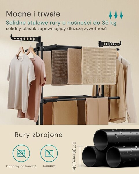 Suszarka na pranie ELTON z 4 poziomami na kółkach, 63,5x128x173cm, czarna SongmicsHome