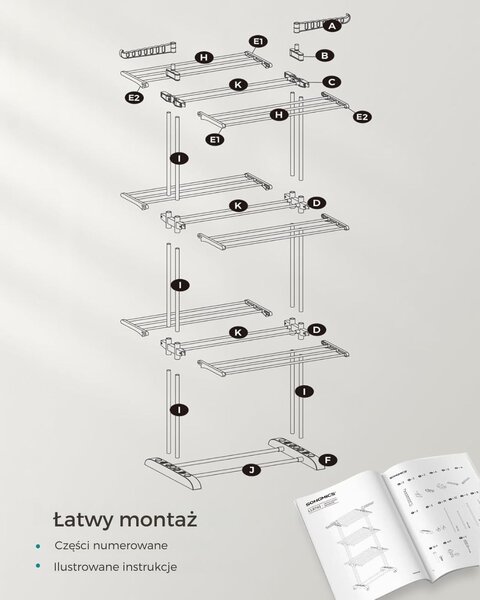 Suszarka na pranie ELTON z 4 poziomami na kółkach, 63,5x128x173cm, szary SongmicsHome