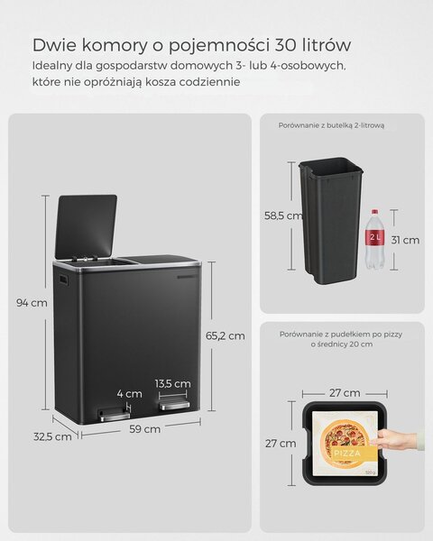 Kosz do segregacji odpadów SORT, 2x30 l + worki na śmieci, czarny/srebrno SongmicsHome