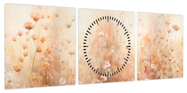 Obraz - Wzór dzikich kwiatów (z zegarem) (90x30 cm)