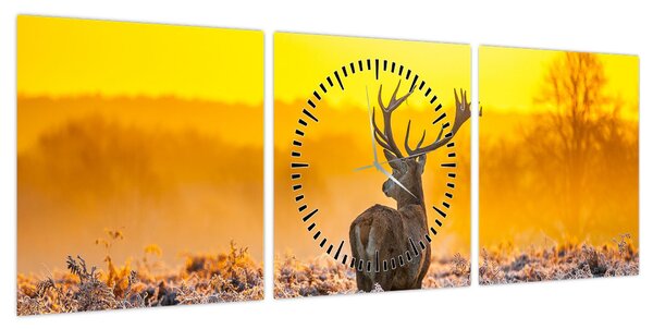 Obraz - Jeleń o wschodzie słońca (z zegarem) (90x30 cm)