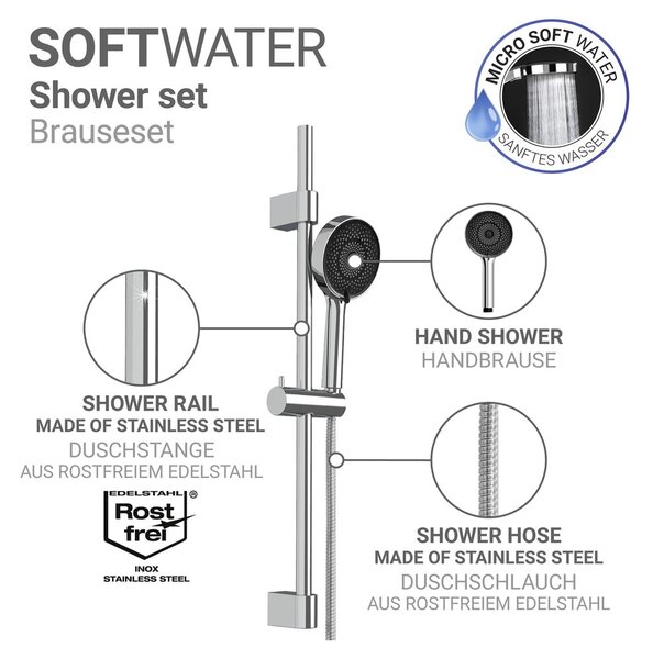 Zestaw prysznicowy ze stali nierdzewnej w kolorze srebra ze słuchawką prysznicową/z drążkiem z suwakiem 70 cm Softwater – Wenko