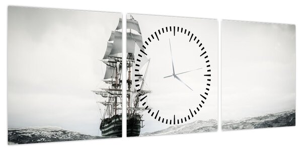 Obraz - Statek płynący po oceanie (z zegarem) (90x30 cm)