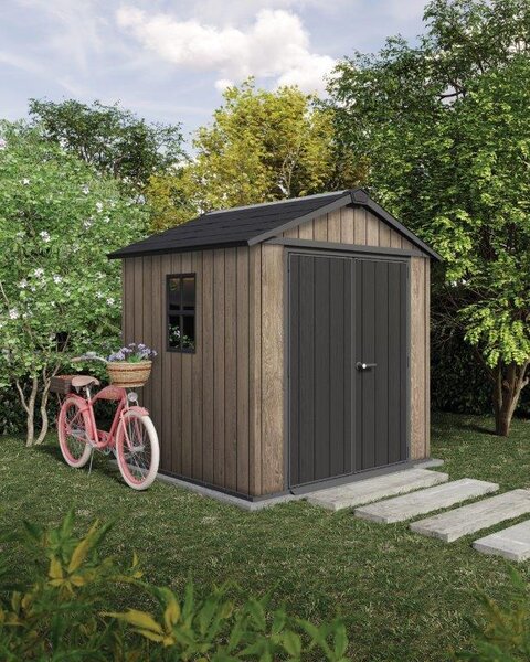 Domek ogrodowy Keter Apex 7,5x7, w zestawie podłoga, grubość ścian 20 mm, wymiary 230 x 223,8 cm, kolor: Ashwood (imitacja drewna)
