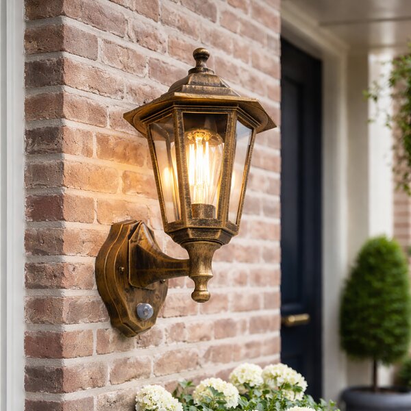 Klasyczna lampa ścienna zewnętrzna antyczne złoto z czujnikiem ruchu - New Haven