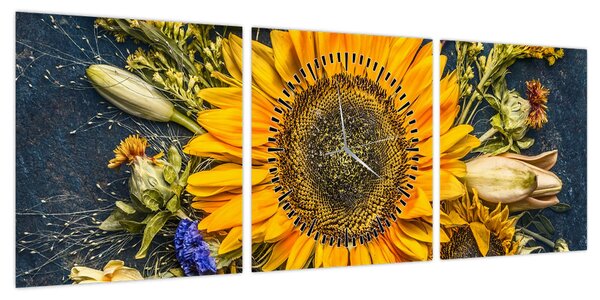 Obraz - Jesienne kwiaty (z zegarem) (90x30 cm)