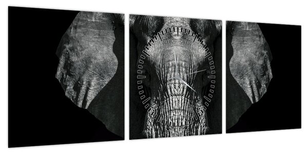 Obraz - Słoń na czarnym tle (z zegarem) (90x30 cm)