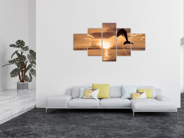 Obraz - Delfin o zachodzie słońca (125x70 cm)