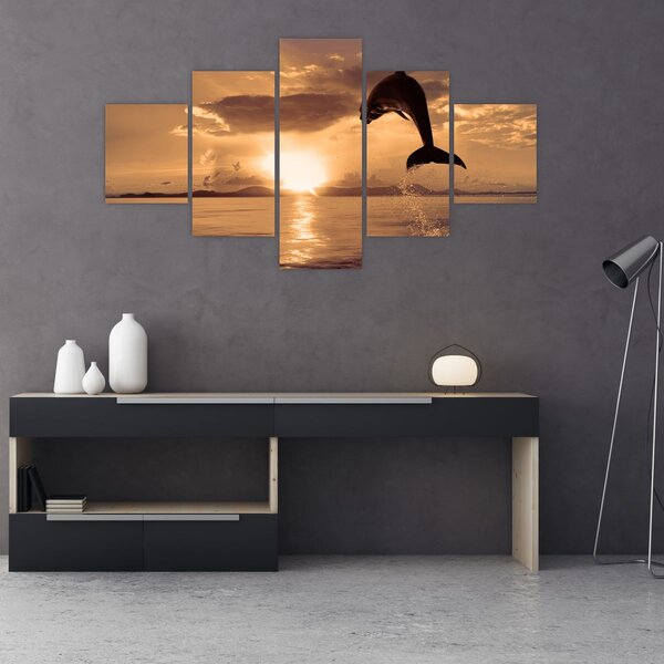 Obraz - Delfin o zachodzie słońca (125x70 cm)