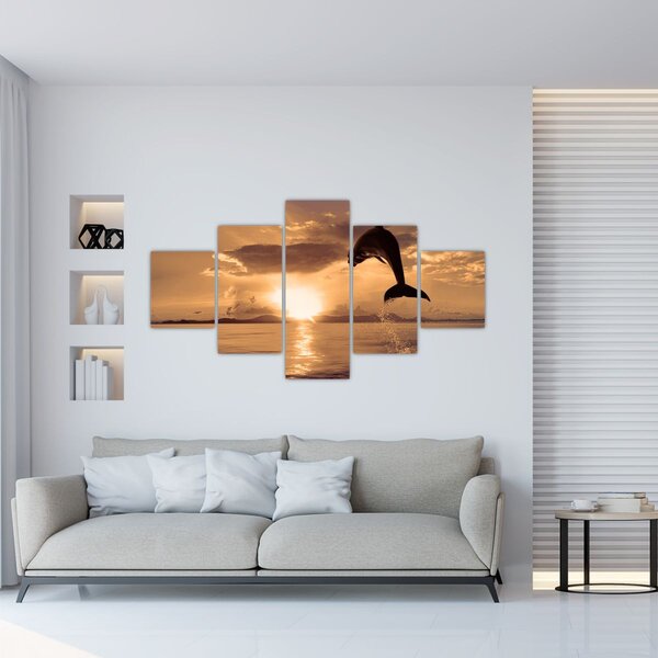 Obraz - Delfin o zachodzie słońca (125x70 cm)