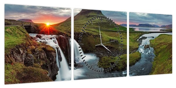 Obraz - Kirkjufell o zachodzie słońca (z zegarem) (90x30 cm)