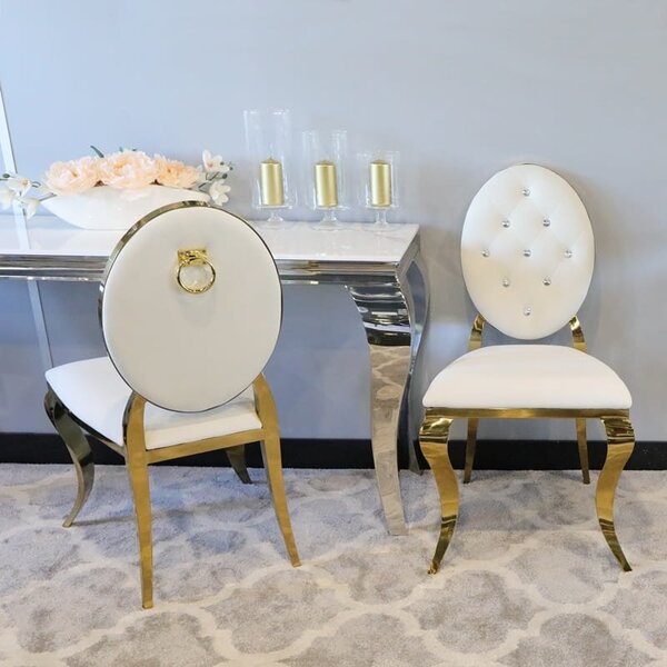 Krzesło Ludwik II Gold glamour White z kołatką - złote krzesła pikowane kryształkami
