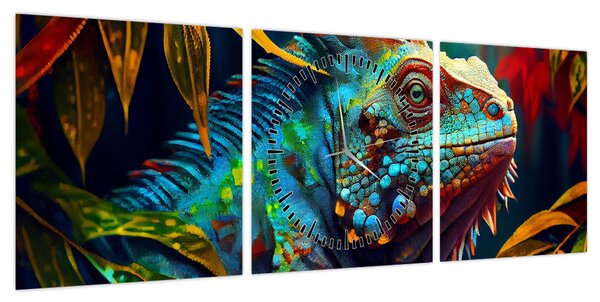 Obraz - Kolorowa iguana (z zegarem) (90x30 cm)