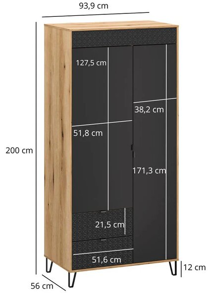 Szafa dwudrzwiowa z drążkiem na nóżkach dąb evok + czarny T0-E56