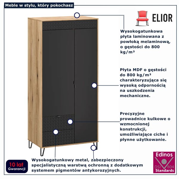 Szafa dwudrzwiowa z drążkiem na nóżkach dąb evok + czarny T0-E56