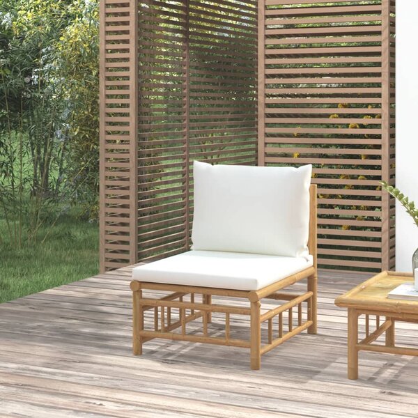 Ogrodowa sofa środkowa, kremowe poduszki, bambus