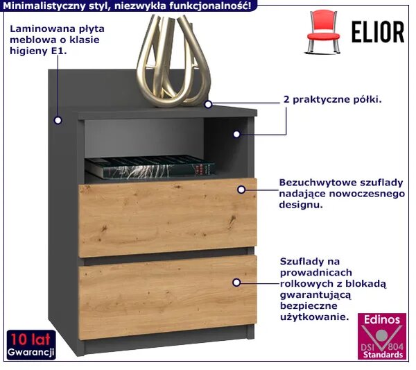 Nowoczesna Szafka Nocna Z Szufladami Antracyt + Dąb Artisan W5-N23