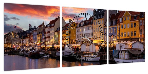Obraz - Nyhavn, Kopenhaga (z zegarem) (90x30 cm)