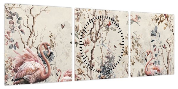 Obraz - Rysunek flamingów (z zegarem) (90x30 cm)