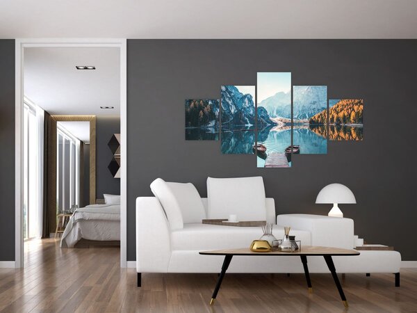 Obraz - Łodzie na jeziorze Braies (125x70 cm)